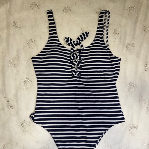 Aerie Navy and White Striped Lace Up Front One-Piece Swimsuit Size Medium - Picture 2 of 3